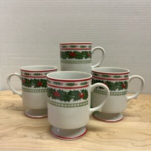 Lefton Holiday Holly Mugs - Set/4  #1053 Christmas China Green and Red